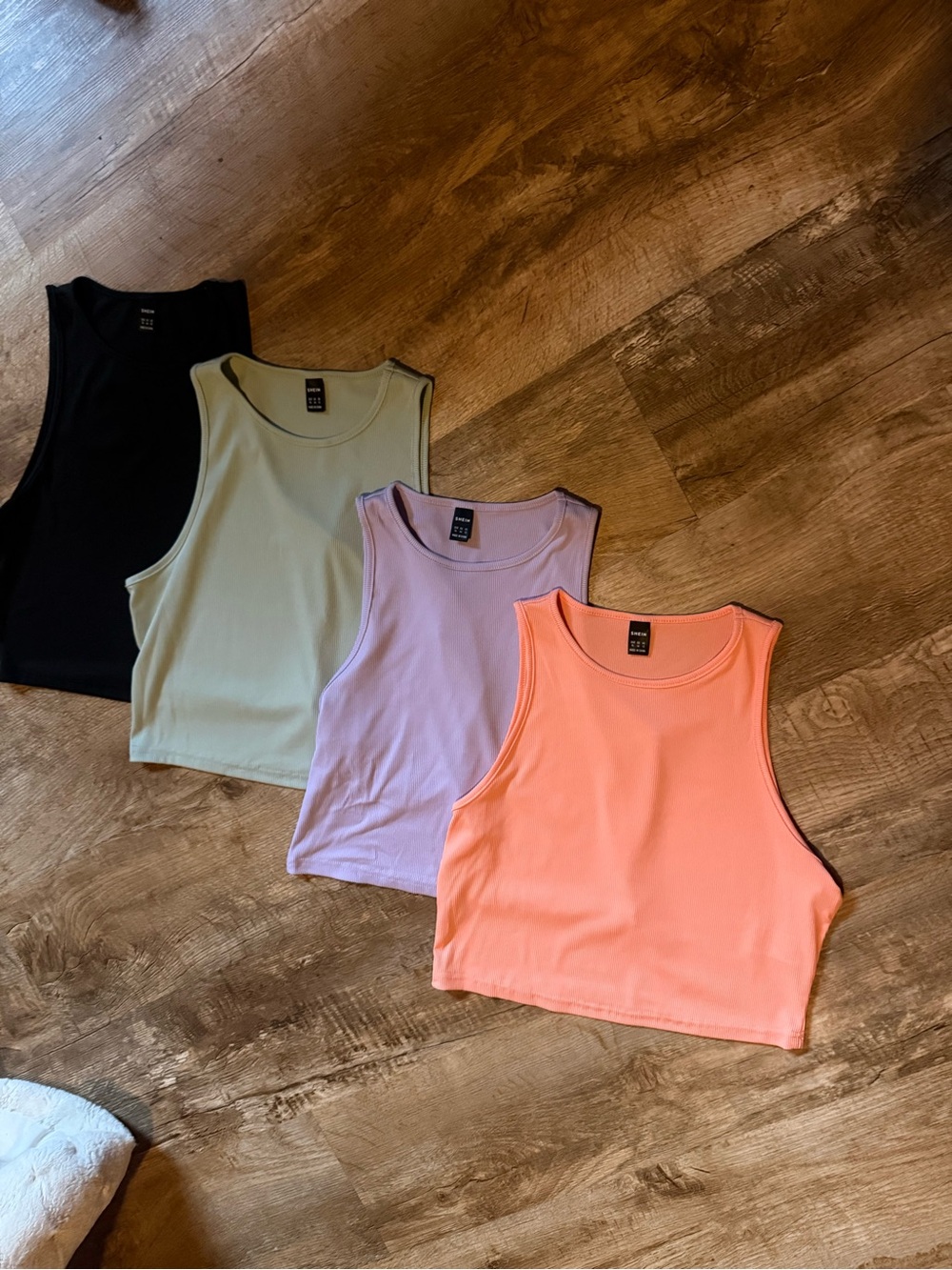 SHEIN 4-Pack Cropped Tank Tops in Black, Sage, Lavender & Peach